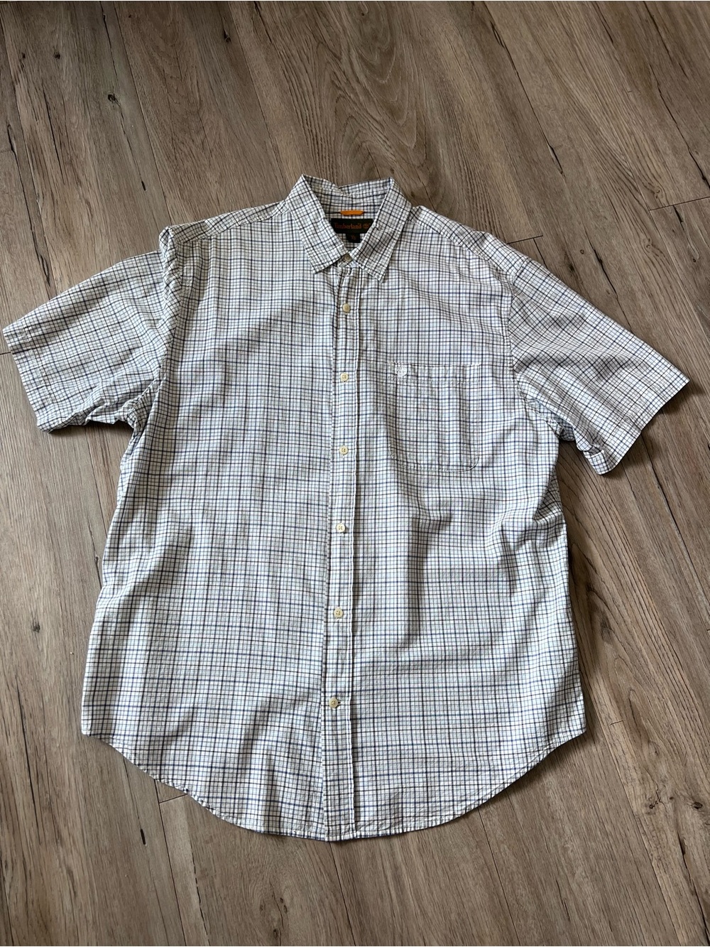 Timberland White and Gray Short-Sleeve Button-Down Shirt